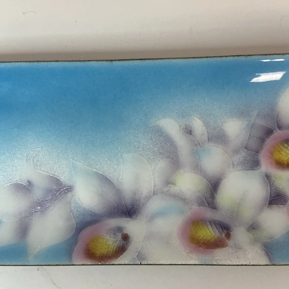 Vintage Japanese Tutanka Orchid Floral Enamel Cloisonne Trinket Tray 9.25x3.25